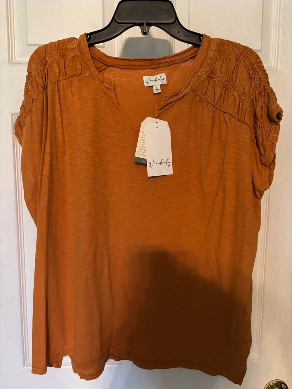 Wonderly Burnt Orange Smocked Shoulder Short Sleeve Tee